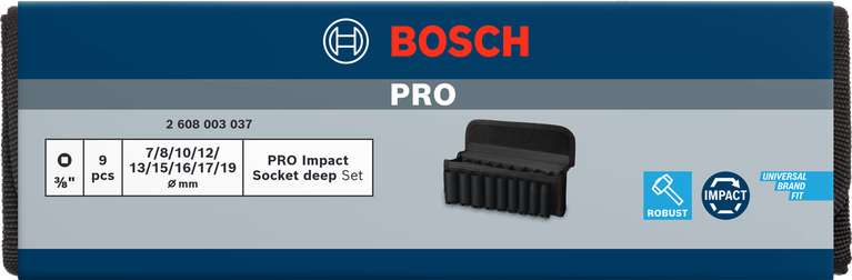 Set Soket Impact Bosch PRO 3/8 inci dalam, 9 buah.